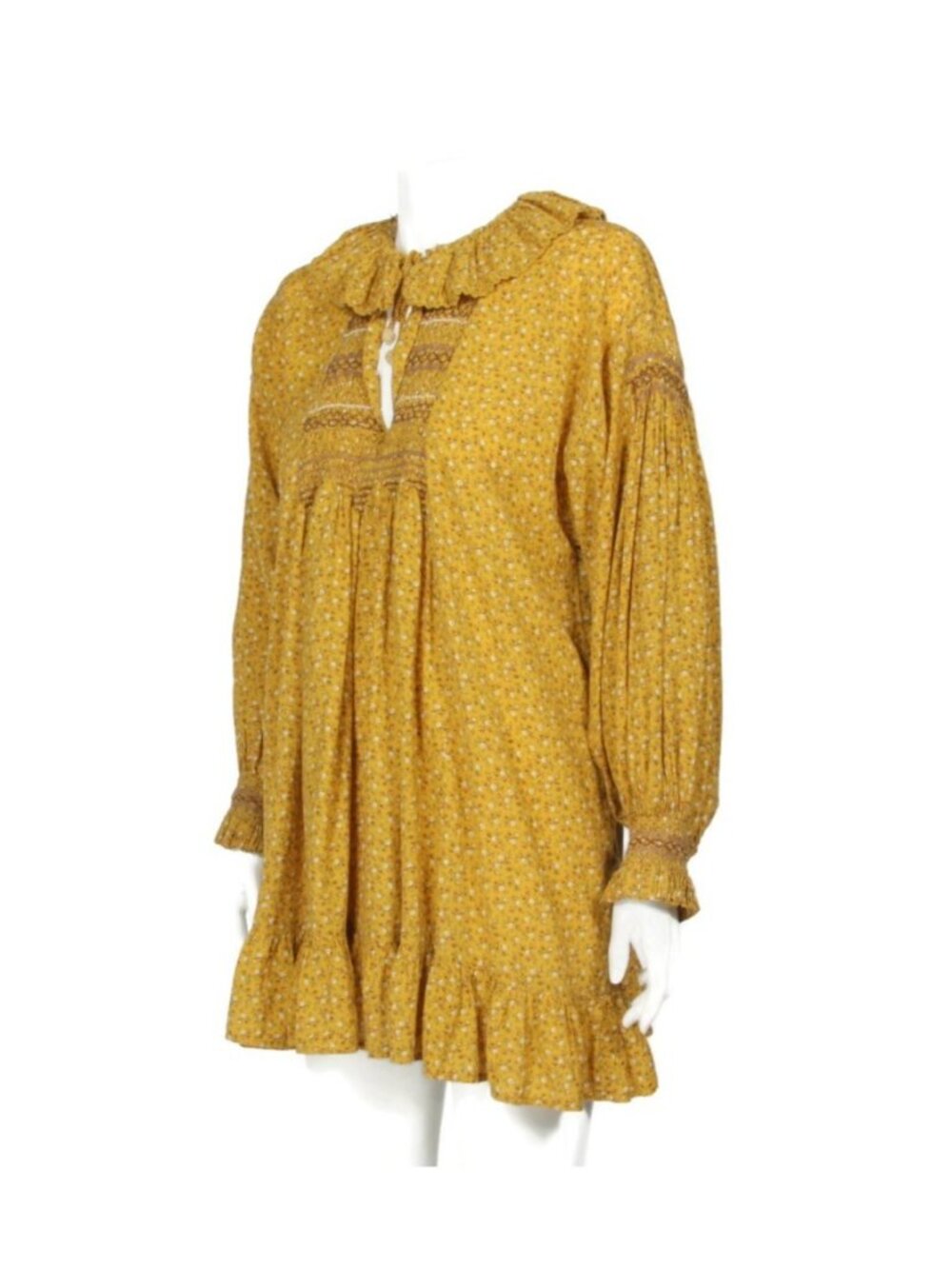 DOEN Cordelia Dres Sunsoaked Foothills Mustard Ditsy Floral Ruffle Collar sz L